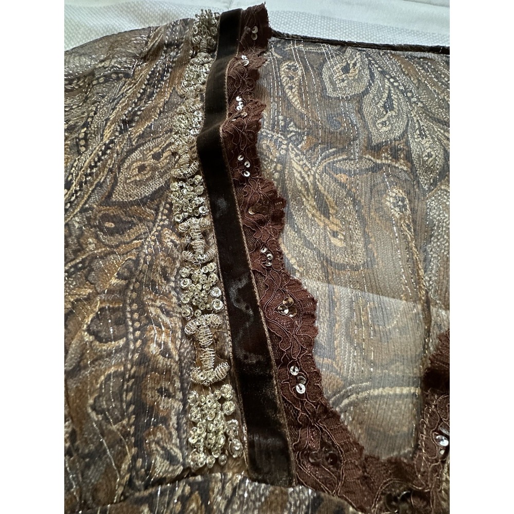 Y2K Bohemian Sheer Blouse Metallic Thread Deep V Velvet Ribbon Trim Sequins READ - Picture 9 of 12